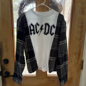 Upcycled AC/DC White Graphic Tee with Black Plaid Shirt